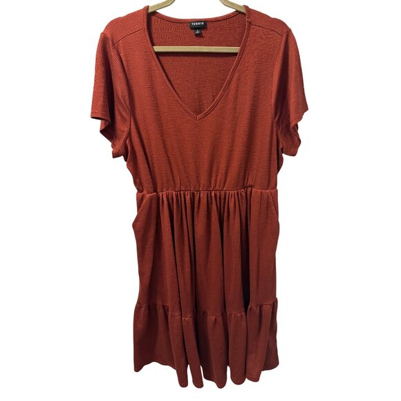 Torrid Rust Orange Ribbed Tiered V-Neck Dress Size 2X Short Sleeve Casual Dress - Picture 6 of 12